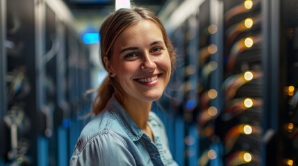 Smiling female technician in a server room with data racks