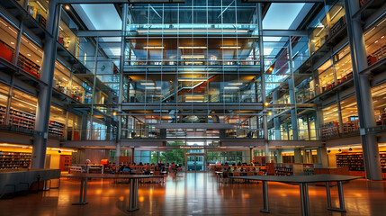 Modern library interior with glass walls and multiple floors