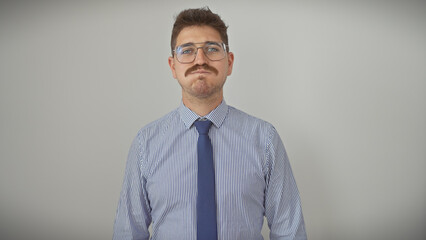 Portrait of a confident hispanic young man with glasses, moustache, and striped shirt against a white background.