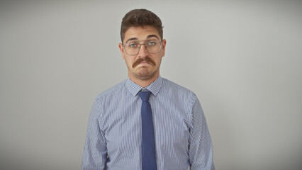 A young hispanic man with a moustache wearing glasses, a shirt, and a tie stands against a white background.