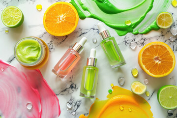 citrus themed beauty products on marble background with fresh fruits