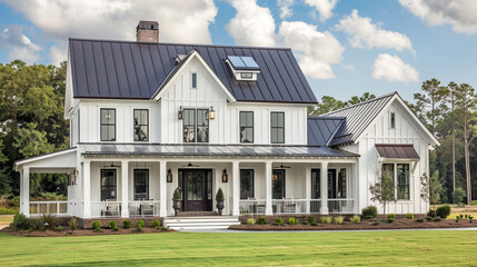 A modern farmhouse exterior with a white facade, dark roof, and a spacious wrap-around porch.