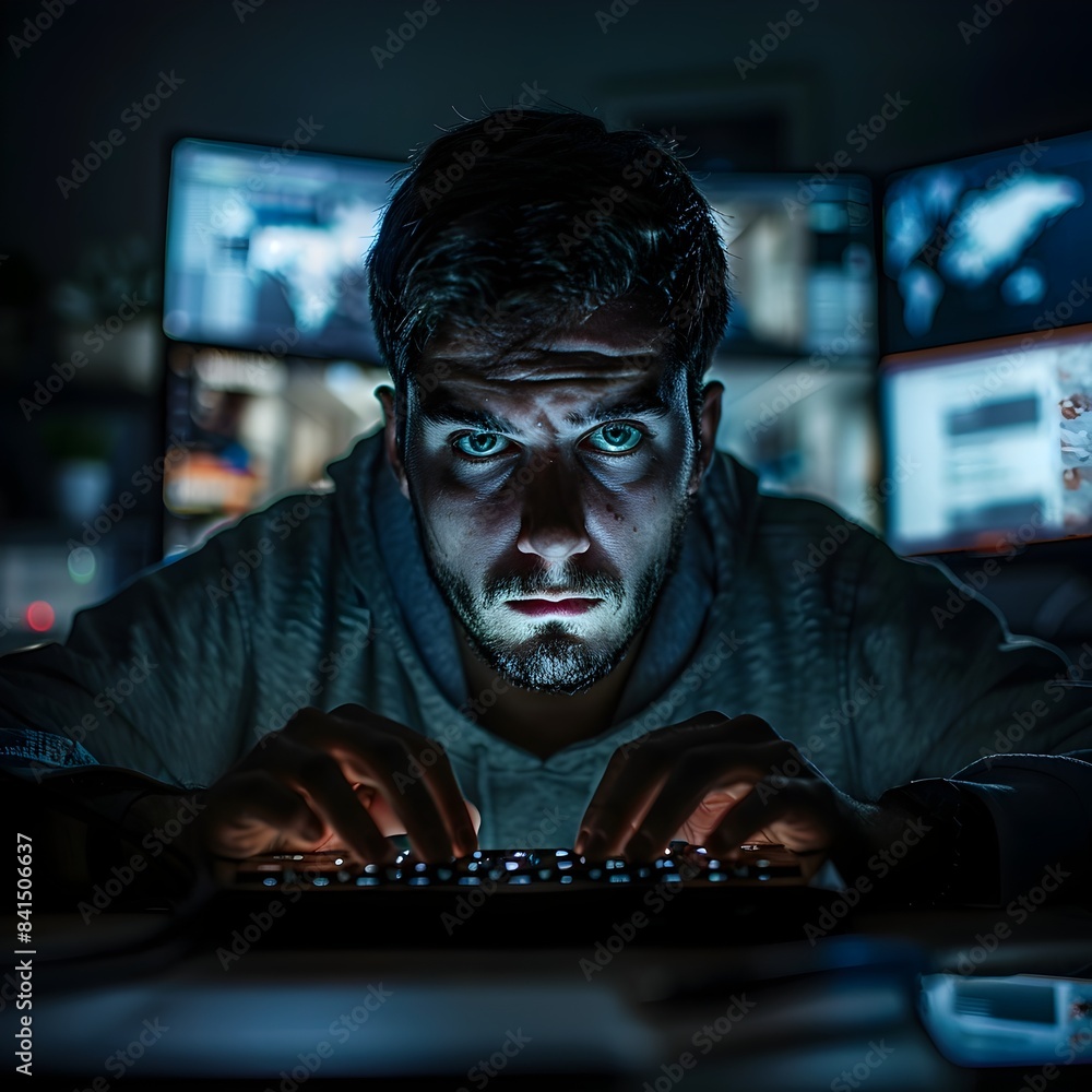 Poster programmer typing furiously in dimly lit room surrounded by screens concept of overwork and exhausti