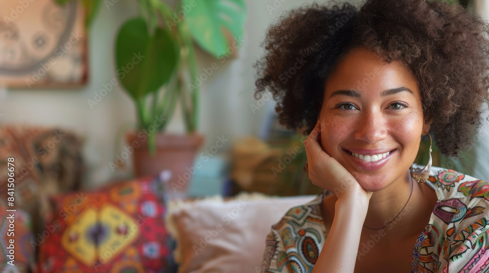 Wall mural Smiling woman with hand on chin at colorful home