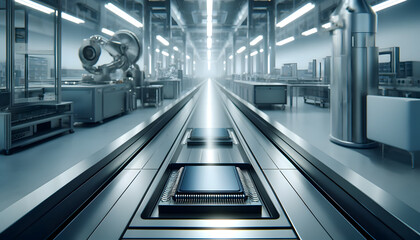 Obraz premium a futuristic production line in a well-lit, pristine factory. The focus is on advanced microchips being meticulously assembled on a sleek, metallic conveyor belt