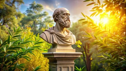 Ancient greek architecture-inspired stone pedestal supports a bronze bust of hippocrates, surrounded by laurel leaves and scrolls, set against a warm, sunlit backdrop.