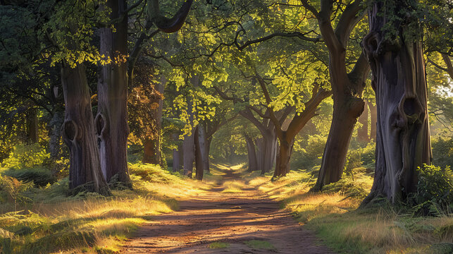 Scenic summer forest trail in Knole Park, England