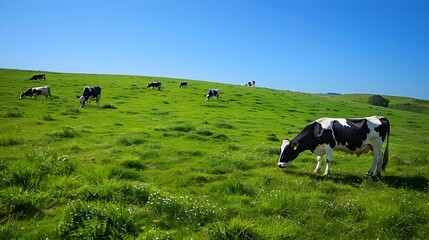 Fototapeta premium Lush Green Hillside with Grazing Dairy Cows and Clear Blue Sky Scenic Pastoral Landscape