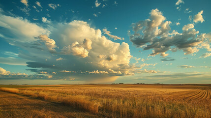 Sunset over golden fields with dramatic cloudscape