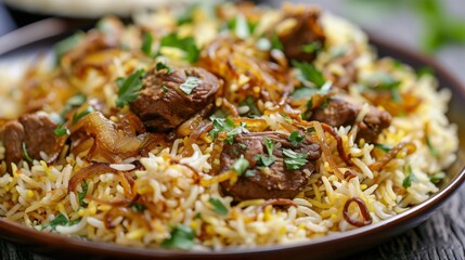 A plate of fragrant biryani rice topped with tender chunks of lamb or chicken, garnished with caramelized onions and fresh herbs, a beloved Indian rice dish