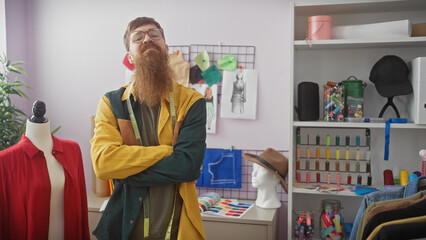 A confident man with a beard stands arms crossed in a colorful atelier, surrounded by fabrics and sewing accessories.