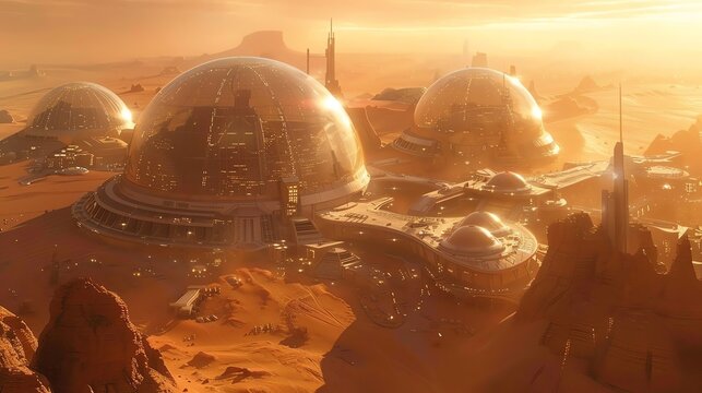 A futuristic city on Mars, with domes and advanced technology