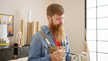 Redhead bloke artist having a blast in art class, a young man, beard and all, cheerfully cleaning...