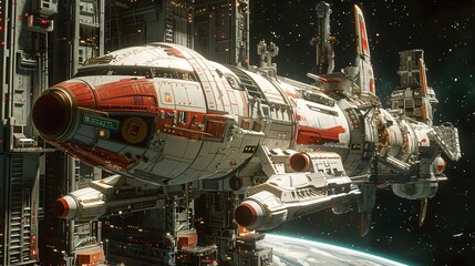 A futuristic starship docked at a space station, with stars in the background