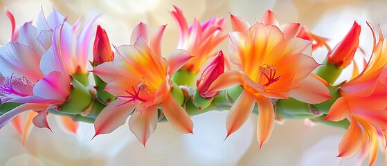 Capture a closeup shot of a vibrant Christmas Cactus in full bloom, showcasing intricate petals and rich colors, on a crisp white background