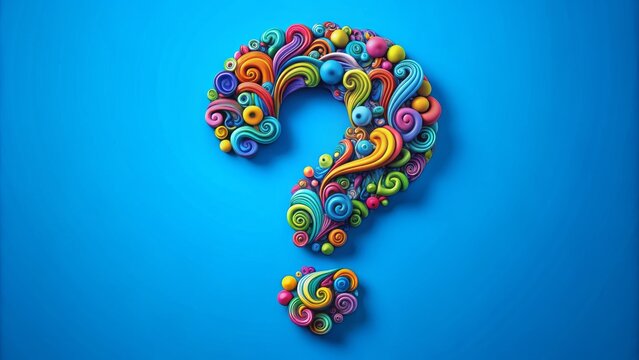 Whimsical, colorful, swirling question mark shapes in a cartoon-inspired pattern, generated using ai, against a bright blue background, devoid of human presence.