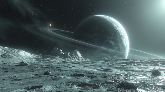 A massive, ringed planet seen from its moon, with stars in the sky