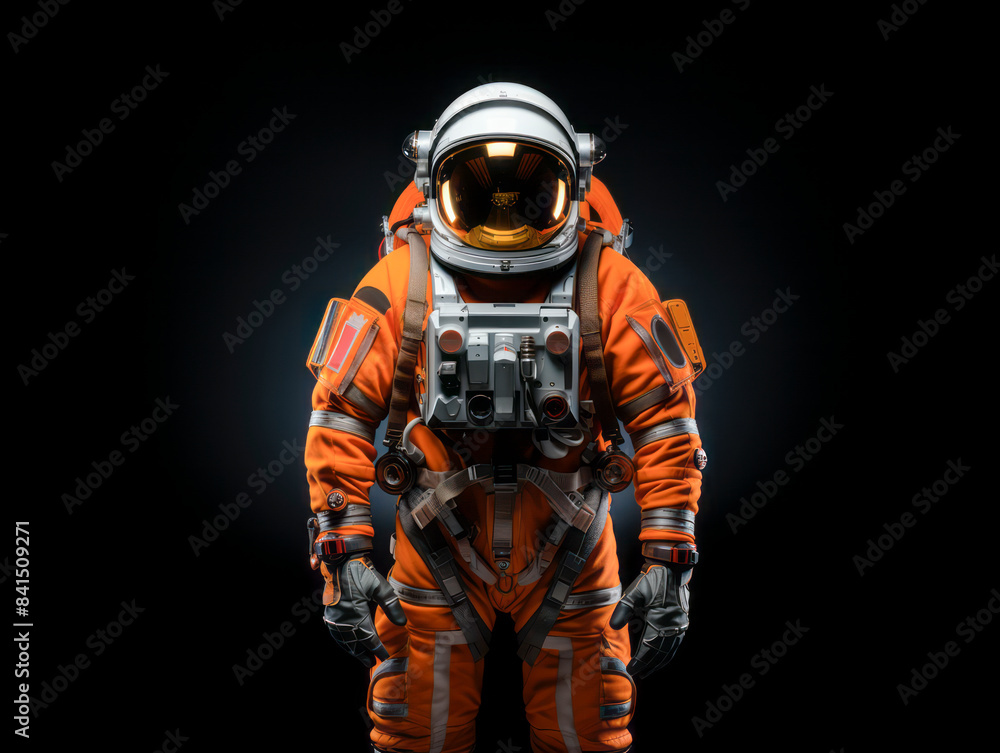 Poster An astronaut in a detailed orange spacesuit against a dark background, capturing the concept of space exploration. Generative AI