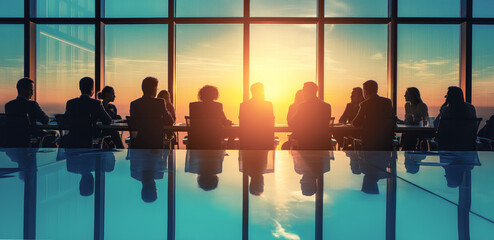 Silhouettes of businesspeople in a meeting, reflection on table, sunset through large windows, concept of teamwork. Generative AI