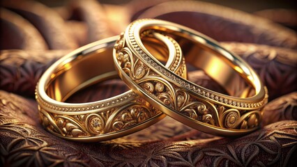 Exquisitely crafted, hyper-realistic gold wedding rings, adorned with intricate details, sit elegantly on a velvet pedestal, radiating romantic charm and sophistication.