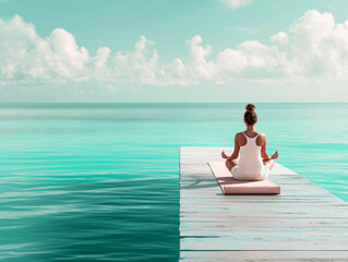Woman meditating on a wooden pier over calm turquoise sea, under a blue sky with clouds, embodying tranquility and wellness. Generative AI
