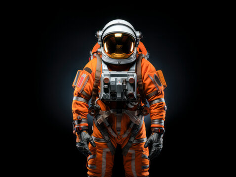 An astronaut in a detailed orange spacesuit against a dark background, capturing the concept of space exploration. Generative AI - Powered by Adobe