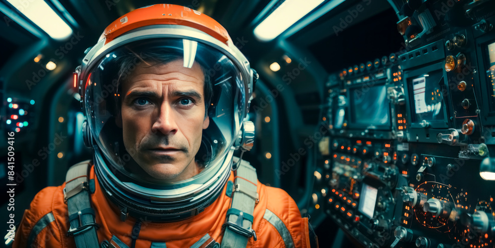 Poster astronaut in orange suit inside a spacecraft, realistic style, detailed cockpit background, concept 