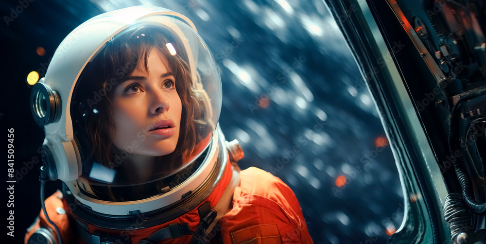 Poster A person in a space suit looking out of a spacecraft window, with a dark, starry background, evoking a concept of exploration. Generative AI