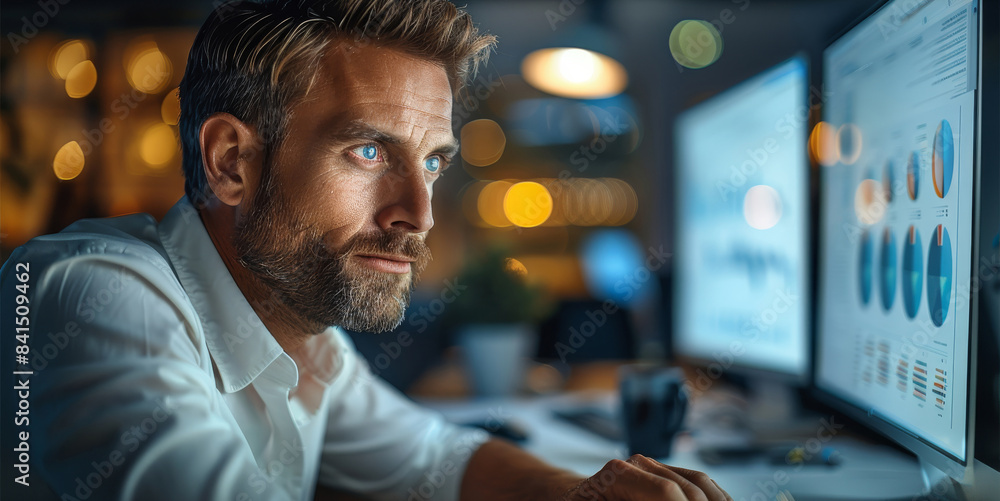 Poster businessman managing a project on computer, in a well-lit office, focused expression. generative ai.