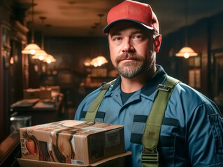 A delivery man in a cap and overalls holding a package, with a warm-lit interior background, conveying a concept of service. Generative AI