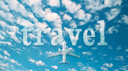the inscription travels against the background of the blue sky, the clouds created the silhouette of an airplane. screensaver, background