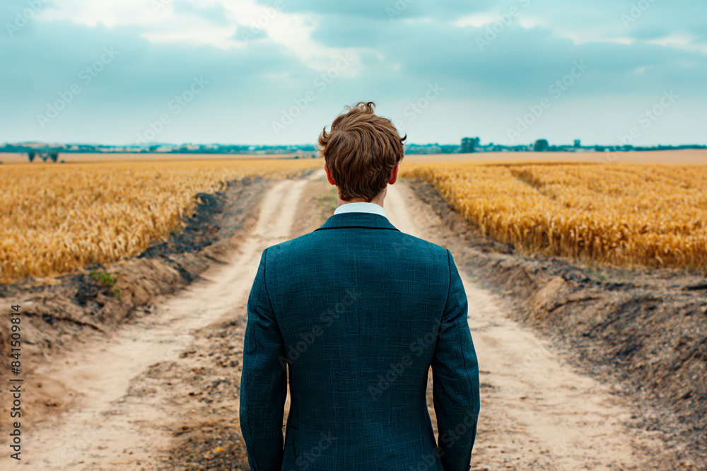 Poster a man in a business suit standing at a crossroads in a cornfield, symbolizing decision and choice, u