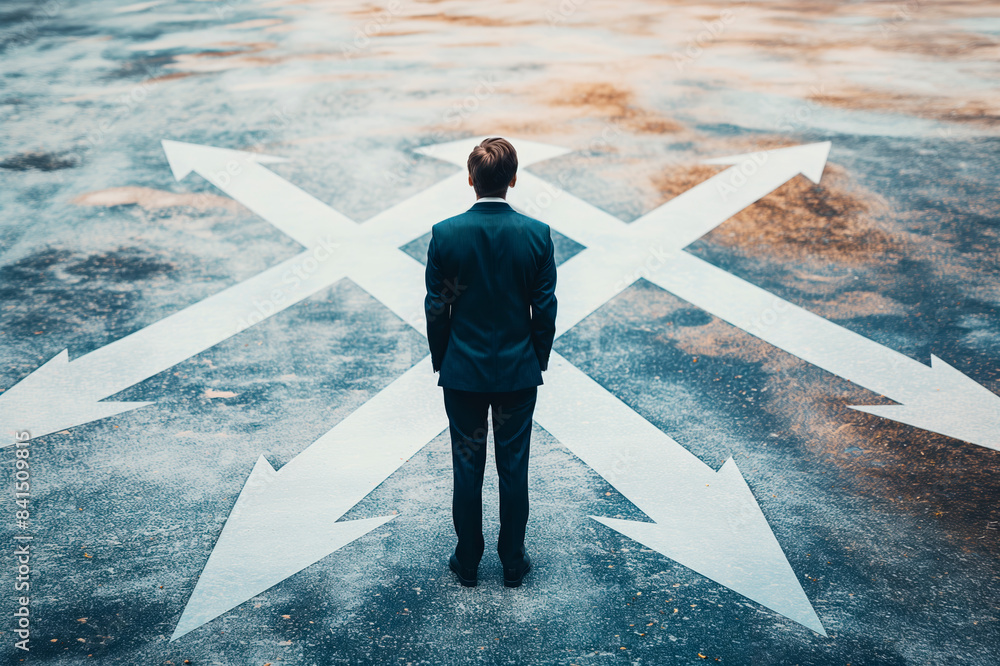 Poster a businessman standing at a crossroads with multiple white arrows, concept of choices. generative ai