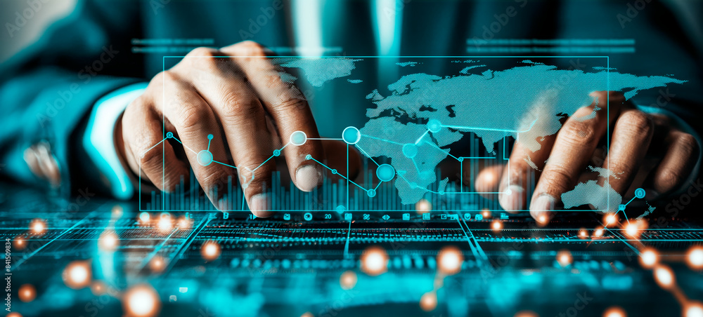 Poster businessperson interacting with futuristic interface, digital graphics, dark technology background, 