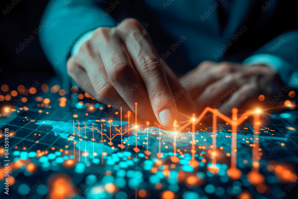 Poster person interacting with futuristic digital interface with glowing graphs, on a dark background, conc