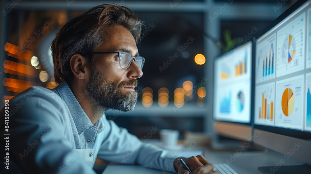 Poster businessman managing a project on computer, in a well-lit office, focused expression. generative ai.