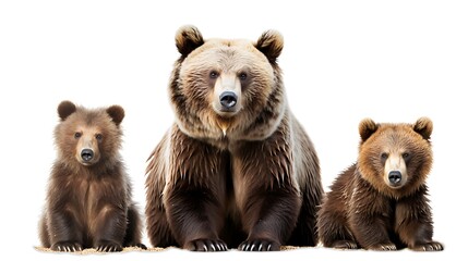 Fototapeta premium A mother bear and her two cubs together isolated on white background 