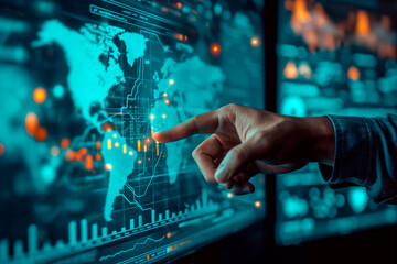 A hand interacting with a futuristic digital interface showing graphs and world map, on a dark background, concept of technology. Generative AI