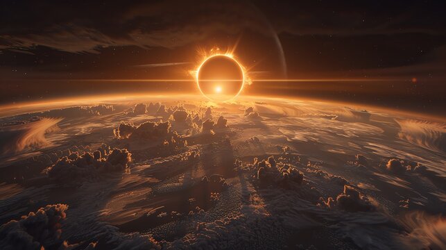 A solar eclipse from space, with the sun's corona glowing