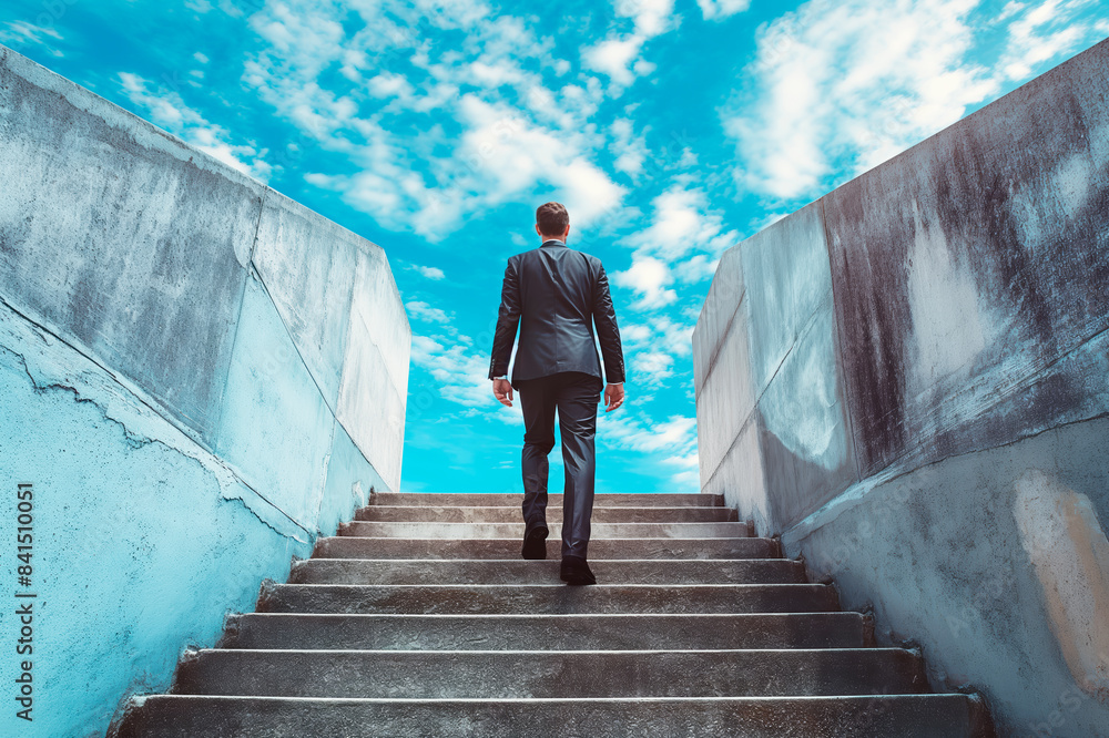 Poster man in a suit ascending stairs against a blue sky with clouds, concept of progress or success. gener