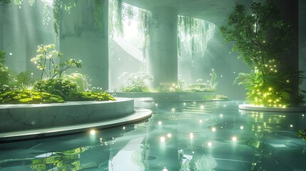 Naklejka premium A tranquil space garden with floating plants and glowing lights, in a zero-gravity environment