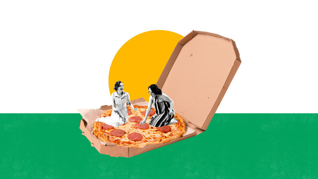 Happy young women, friends having picnic with pepperoni pizza. Summer vibe, vacation. Contemporary art collage. Concept of pop art, food, retro style, creativity, surrealism.