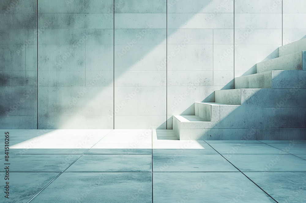Poster a minimalist composition with concrete stairs and walls, natural light, against a grunge-textured ba