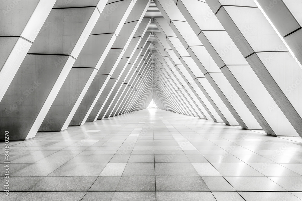 Poster A symmetrical monochrome interior of a modern structure with converging lines, on a white background, concept of architecture. Generative AI