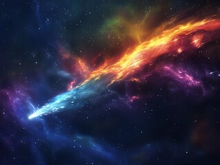 Fototapeta premium A vibrant, colorful comet passing a distant star, with a long, glowing tail