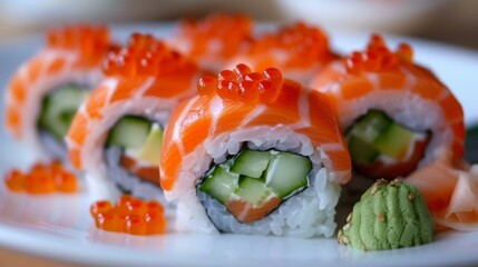 A plate of vibrant salmon sushi rolls, adorned with fresh avocado, cucumber, and roe, a delicious and visually stunning Japanese delicacy
