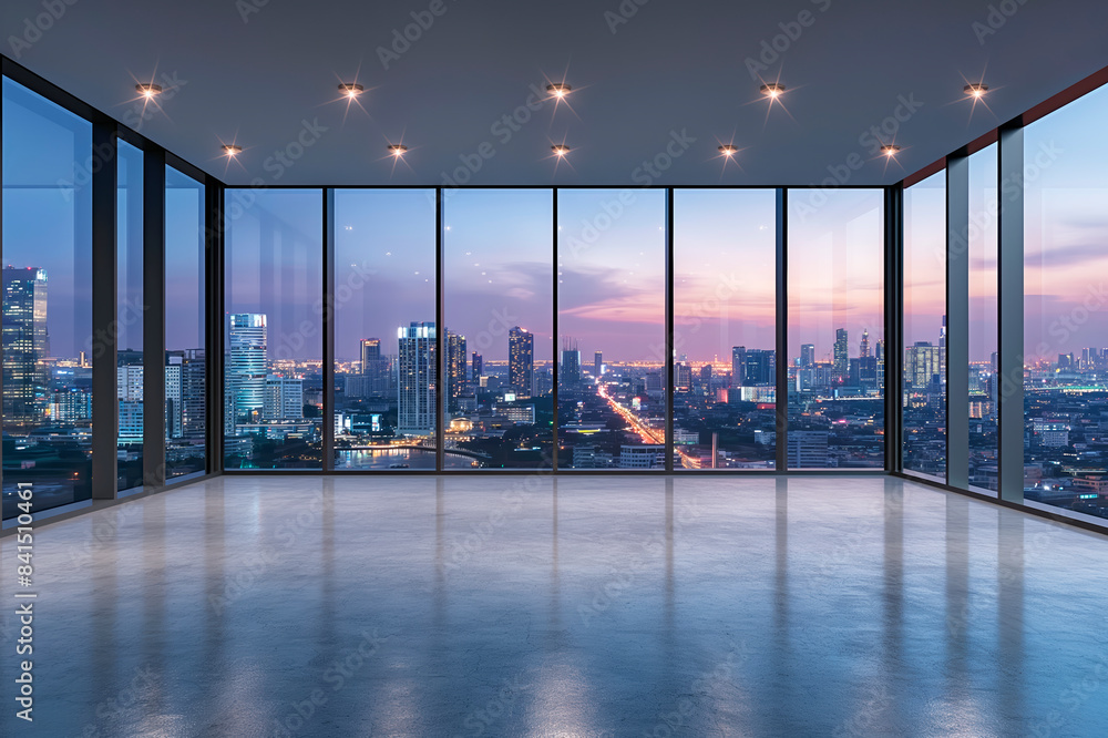 Poster an empty room with a panoramic view of a city at dusk, twilight cityscape background, concept of mod