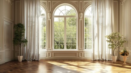 The image showcases a room of elegance, adorned with a sizable arched window, casting a mesmerizing glow. Perfect for interior decor themes.