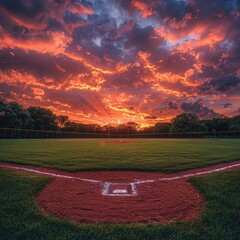 The white lines on the field for the baseball arena with green grass surrounding it are complemented by sunset light shining on the field