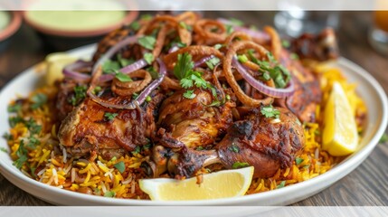 Fototapeta premium A platter of colorful and aromatic biryani rice topped with tender pieces of succulent chicken, garnished with fried onions, fresh herbs, and lemon wedges, a beloved Indian rice dish